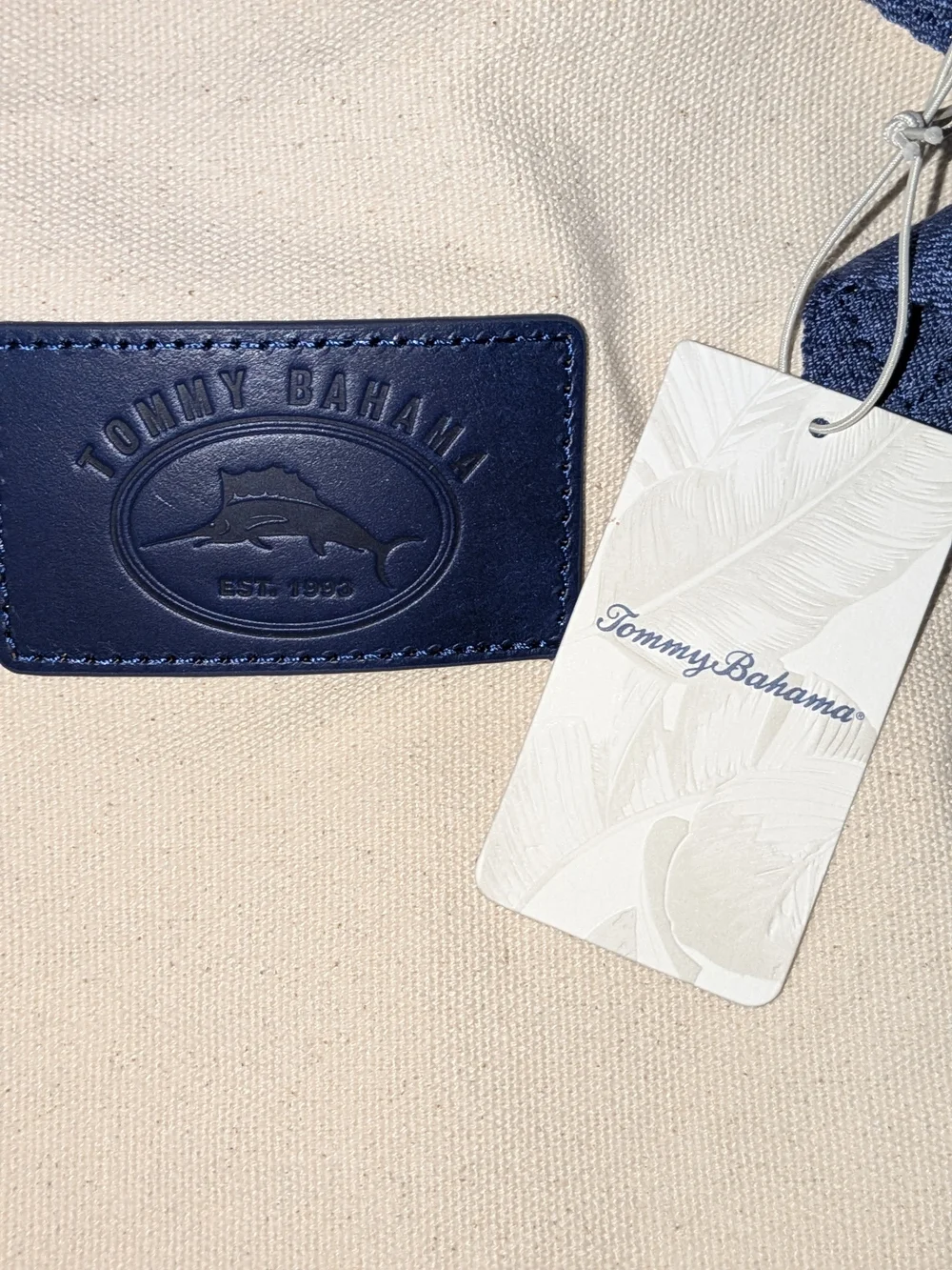 Tommy Bahama Cream Canvas Duffel with Blue Accents NWT
